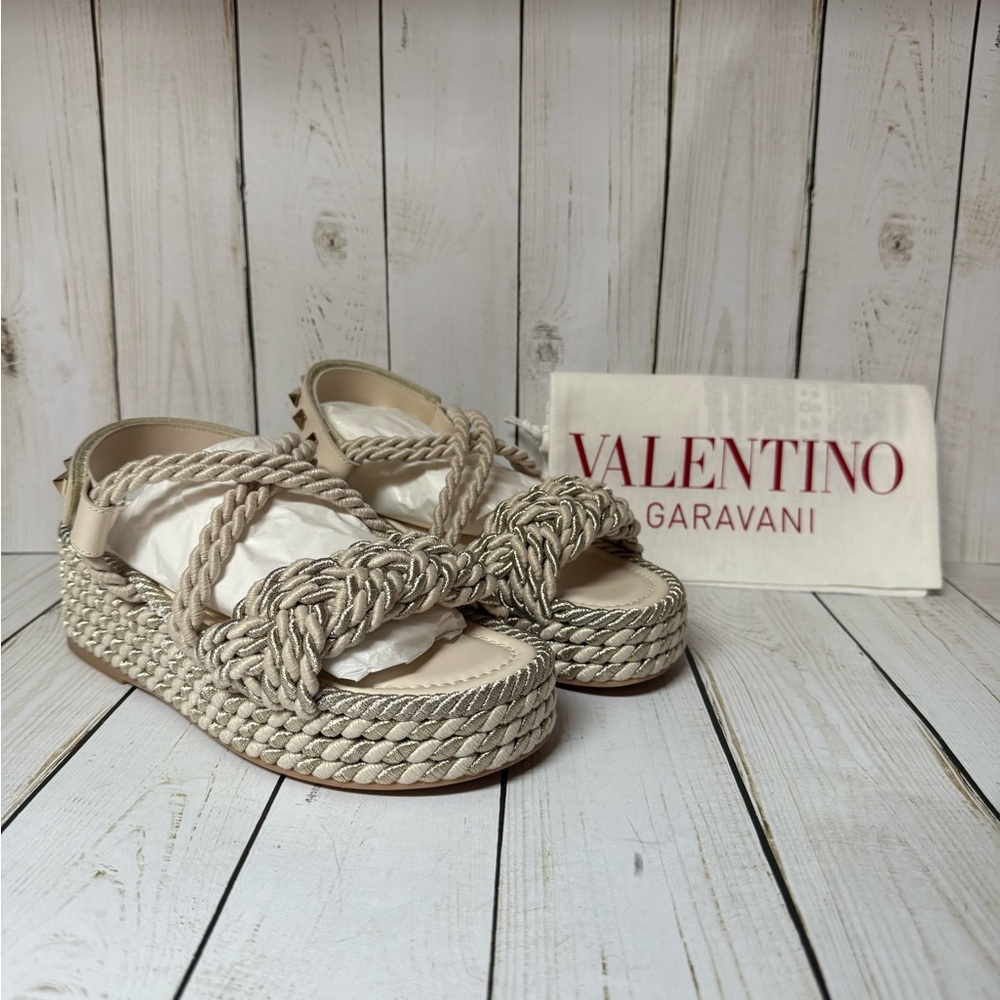 Valentino Garavani Braided Cotton Rockstud Torchon Sandals Light Ivory Sz 36 / 6